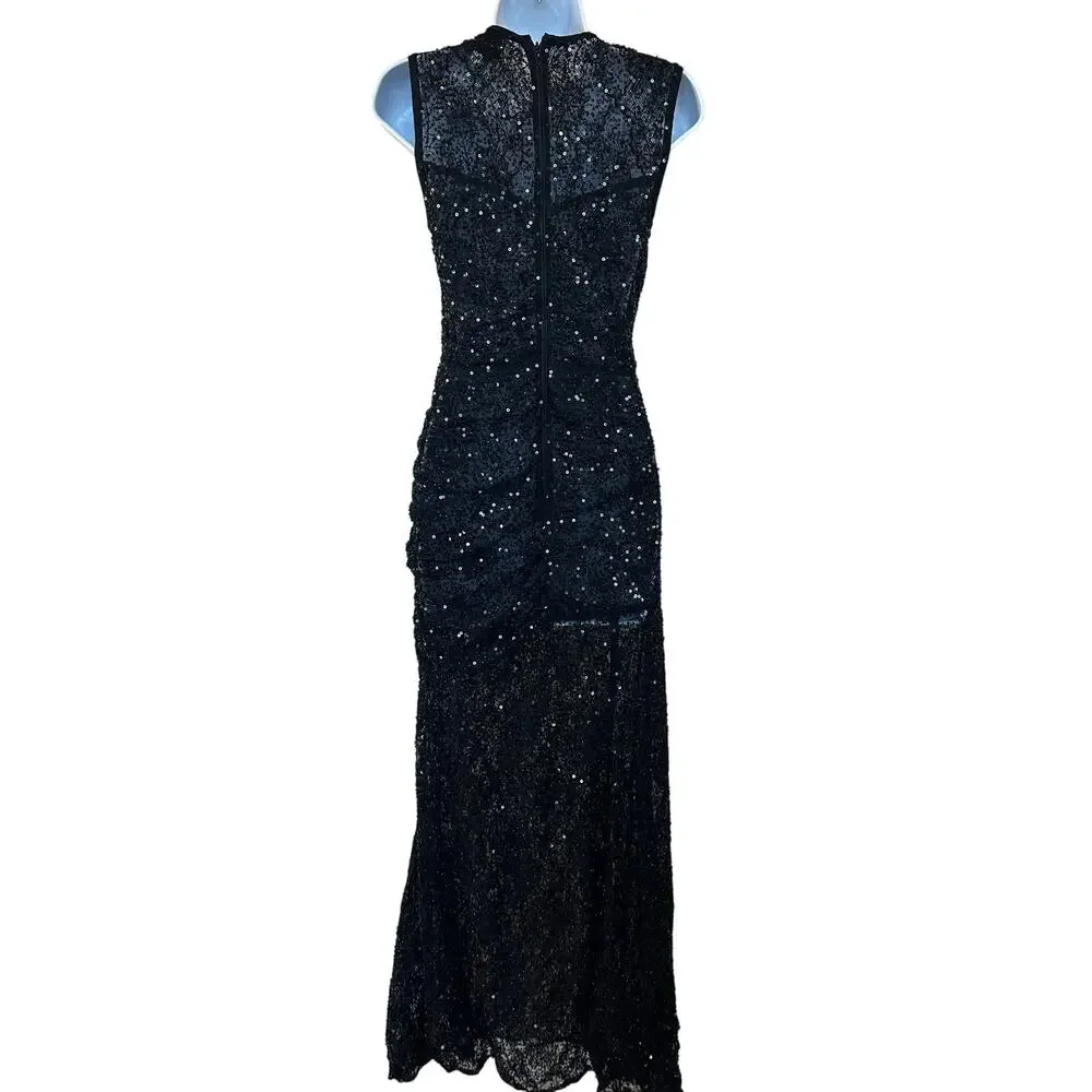Aknvas Black Sequin Gown Size 6 Formal Luxury Sheer Ruched Flattering $1000 - Picture 10 of 13